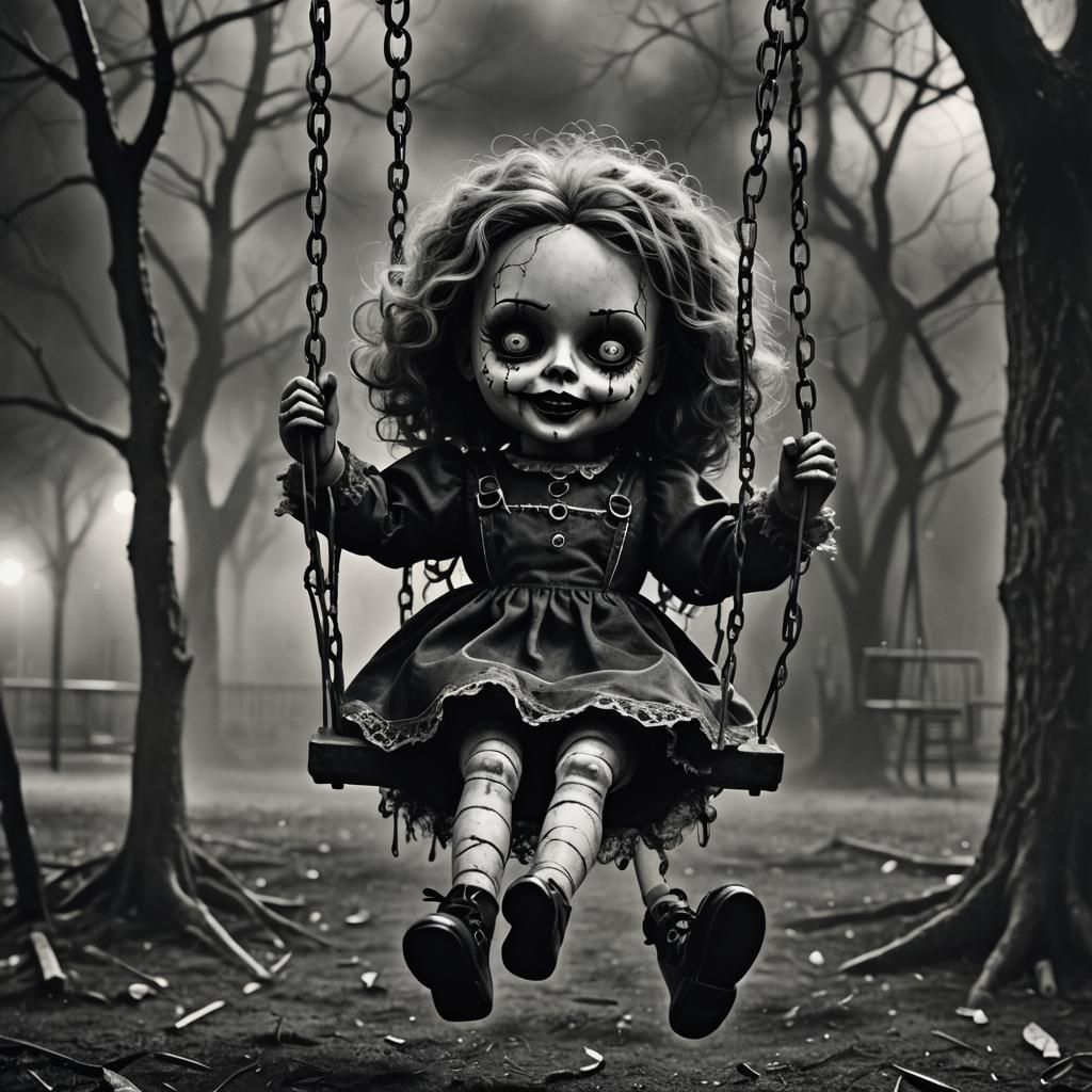 Eerie Doll on Swing: Dark Surrealism in Charcoal