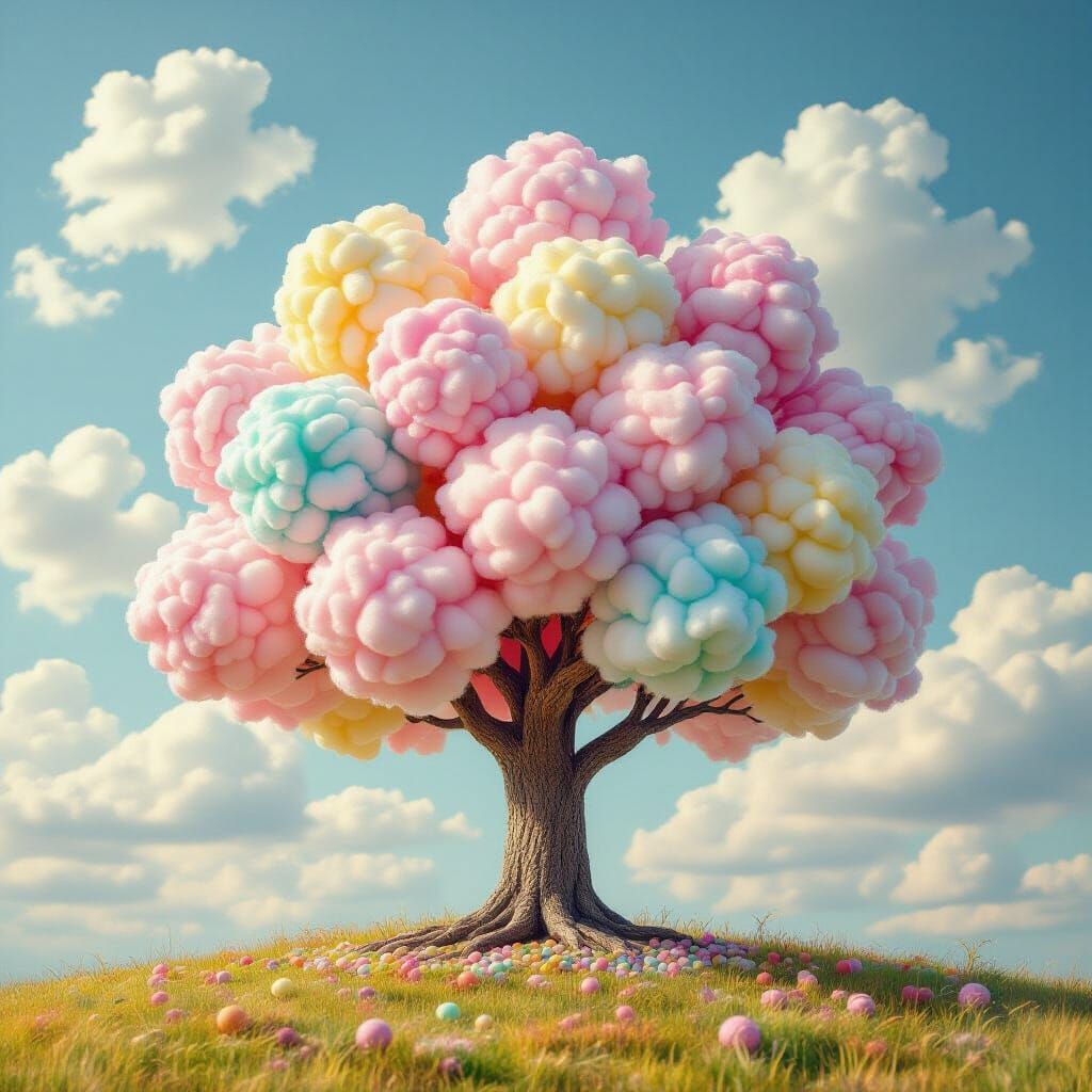 Hyperrealistic Candy Tree with Cotton Candy Clouds