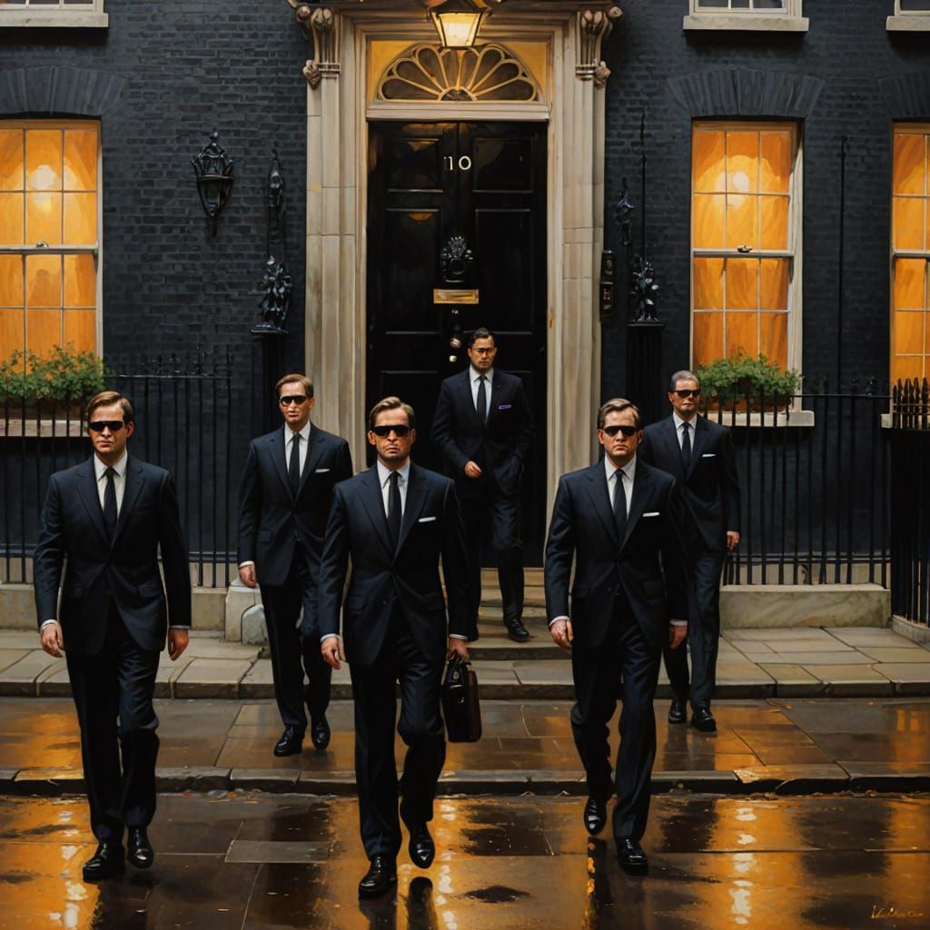 Men in Black at 10 Downing Street: Oil Painting