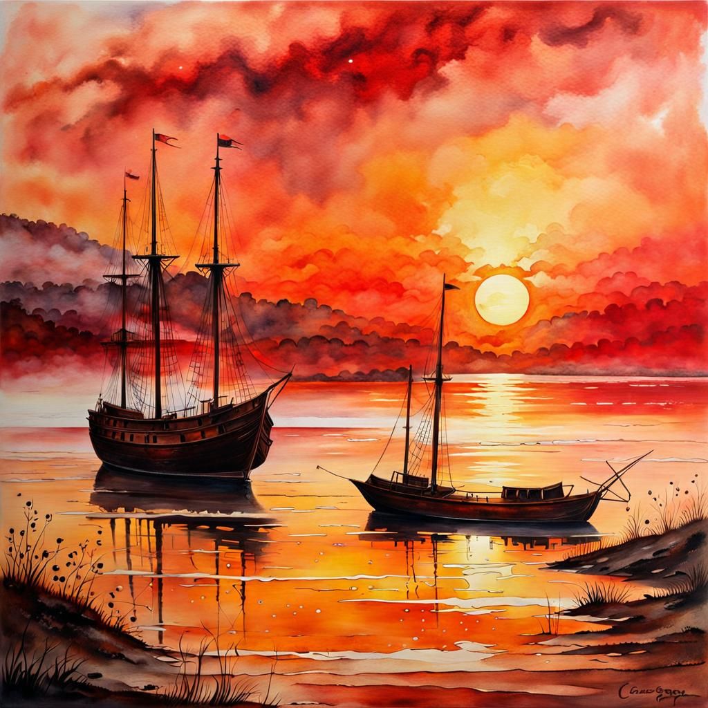 Golden Sunset Beach with Vintage Ships