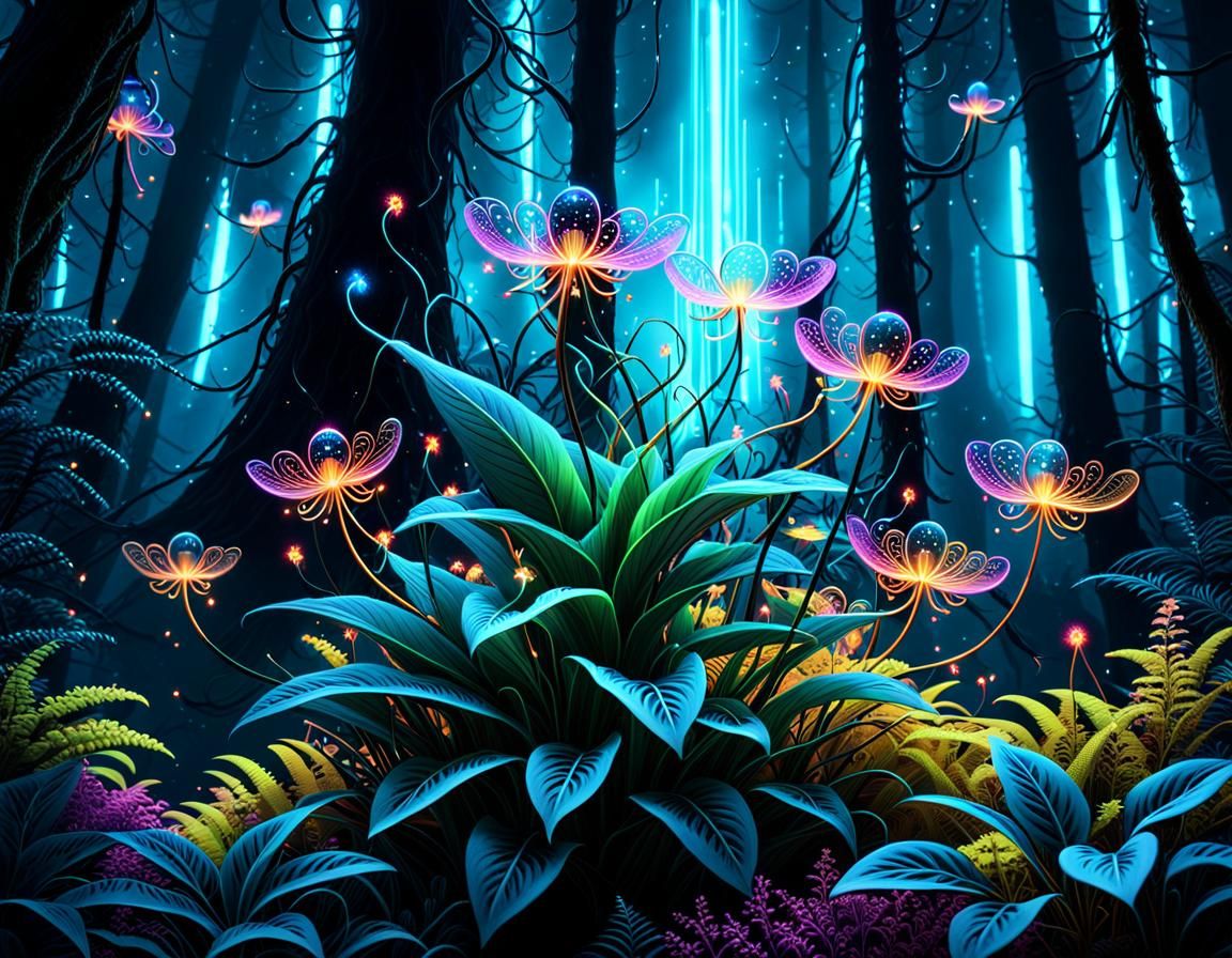 Bioluminescent Fractal Plant in Dark Fantasy Forest