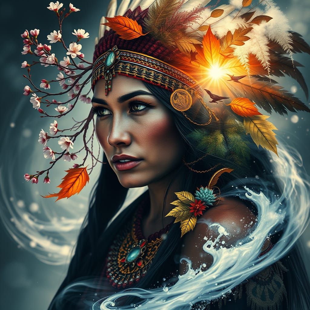 Native American Woman in Seasonal Double Exposure