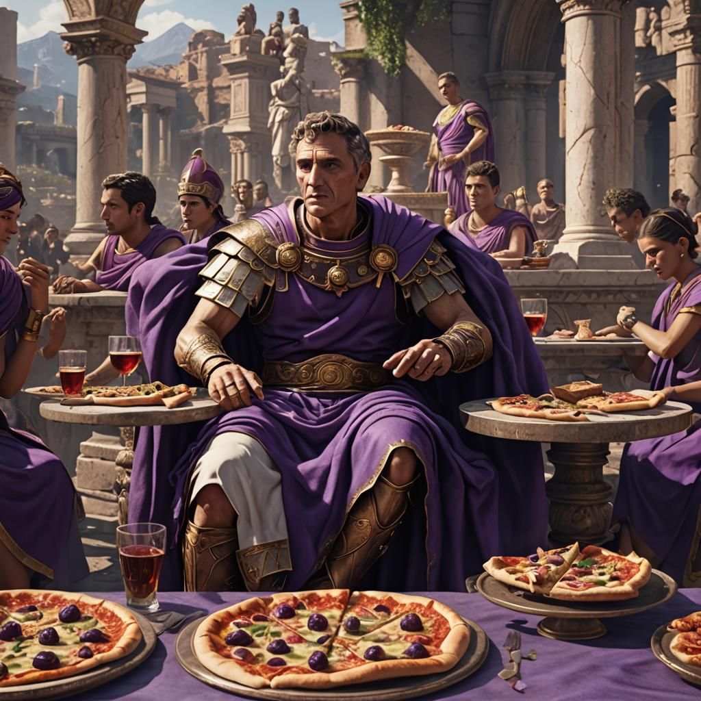 Julius Caesar Eating Pizza: Detailed Matte Painting