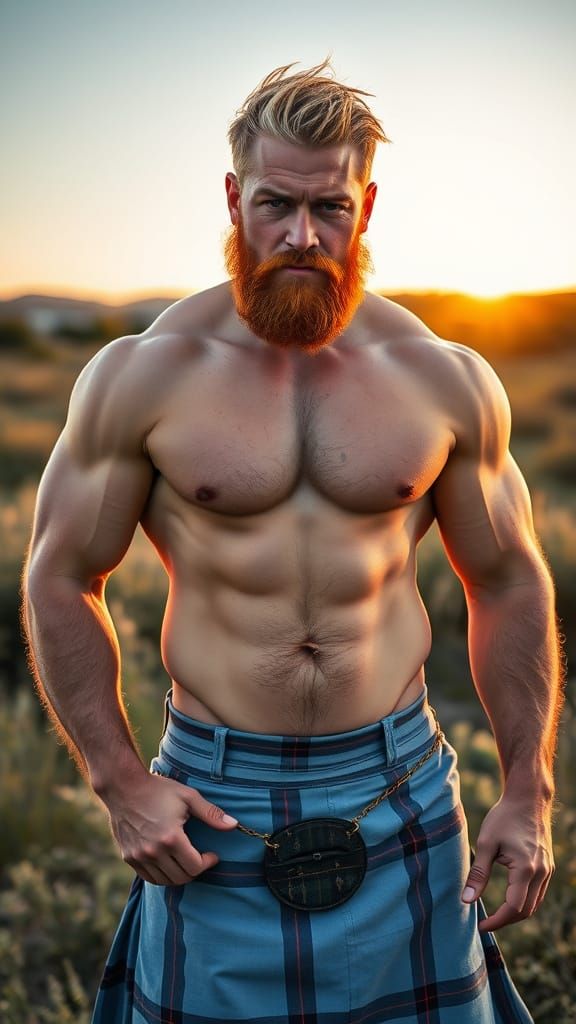 Strawberry Blond Man in Kilt, Golden Hour Photo