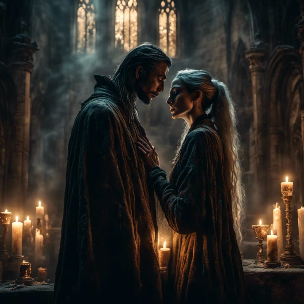 Vampire Couple Embrace in Gothic Candlelight