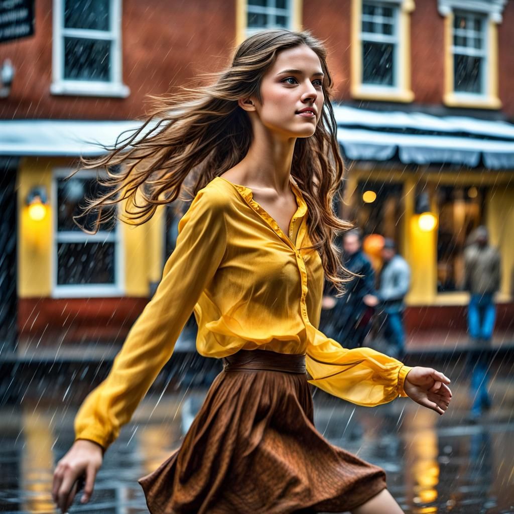 Rainy Street Dance: Hyperrealistic Cinematic Portrait