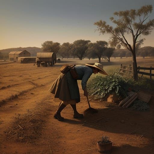 Frustrated Farmer Kicking Dry Soil in Rural Landscape