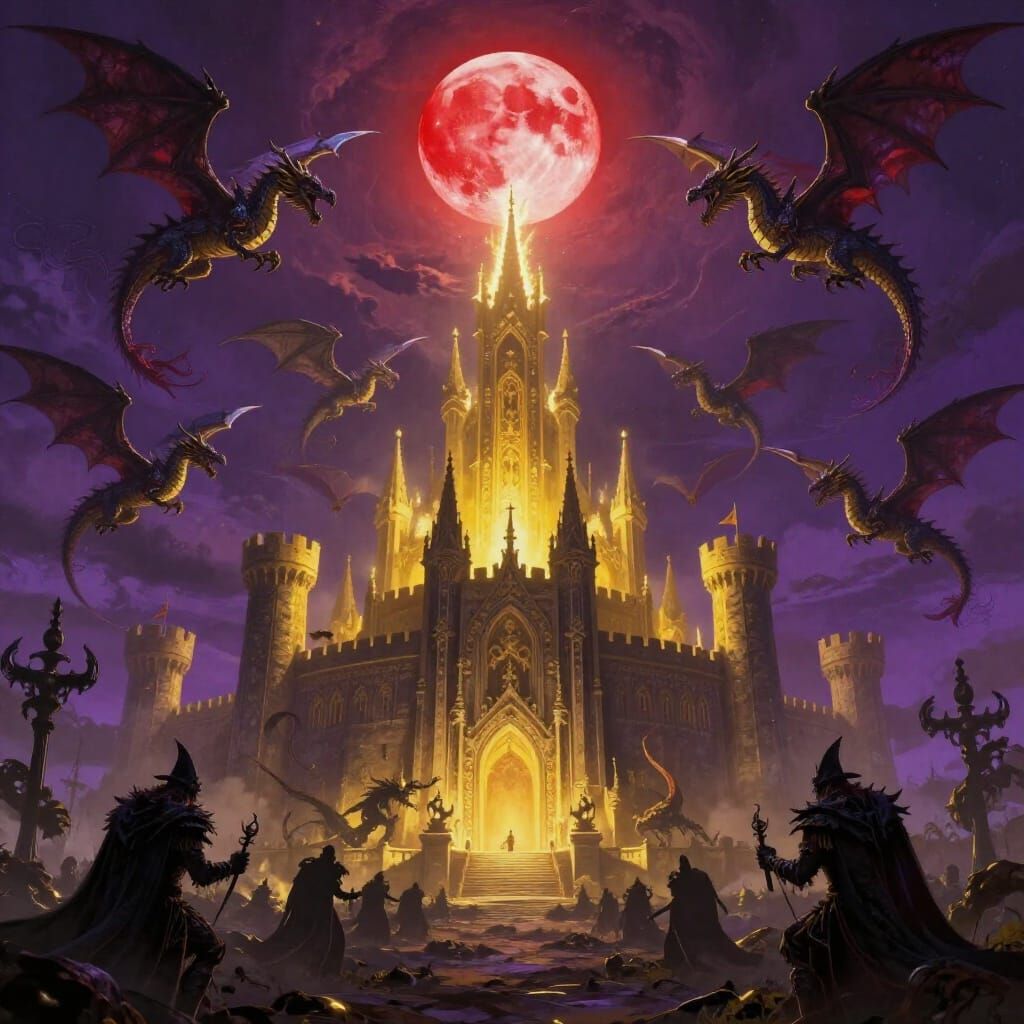 Epic Dark Fantasy Citadel Battle with Dragons