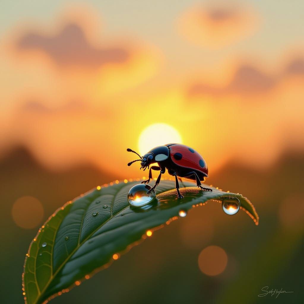 Water Drop Reflection: Red Beetle at Sunset, Impressionistic...