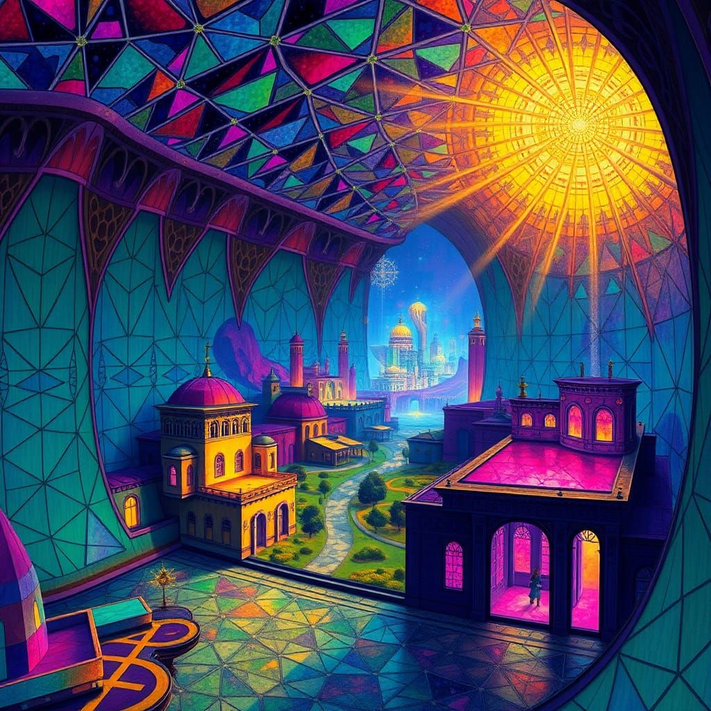 Alien City in Cavernous Room as Art Nouveau Painting
