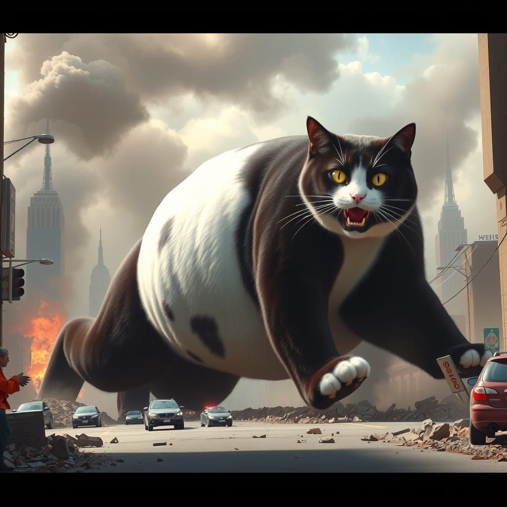 Gargantuan Tuxedo Cat Unleashes Destruction on City