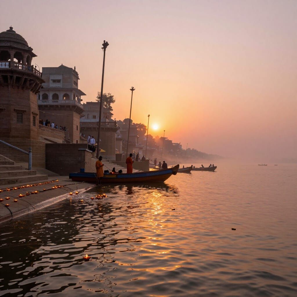 Ancient Varanasi Ghats at Sunrise, Holy Ganges with Floating...