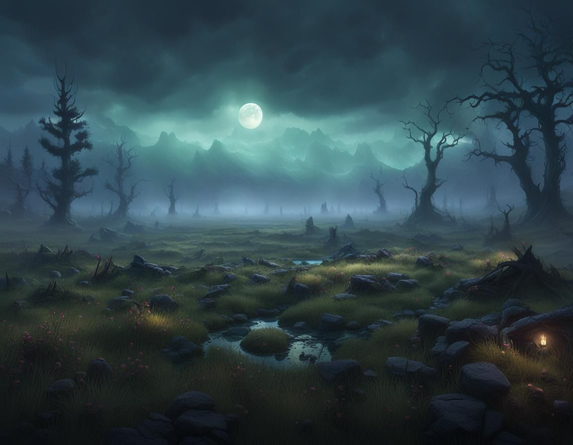 Ominous Foggy Meadow in Dark Fantasy Style