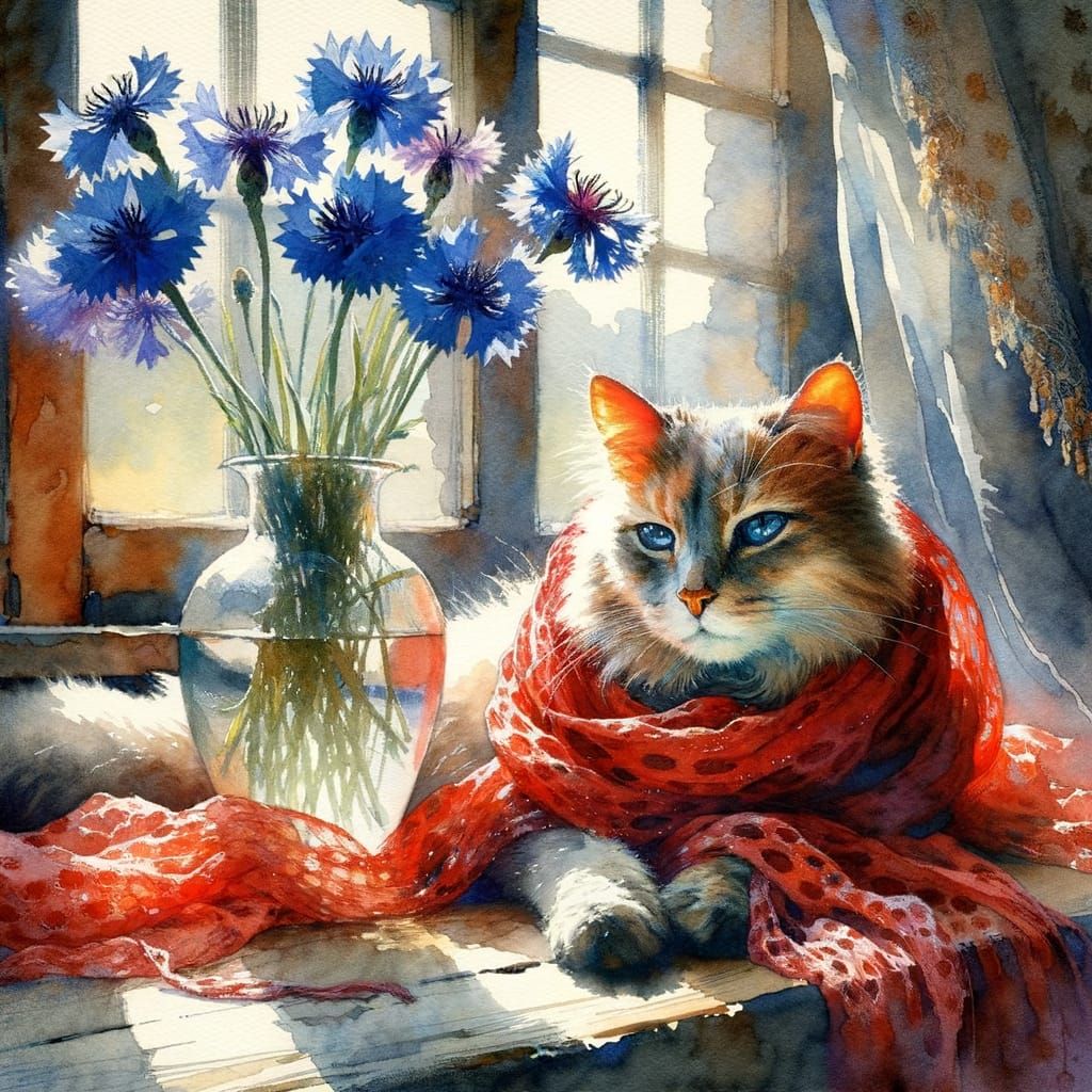 Cat in Red Scarf with Cornflowers: Impressionist Watercolour