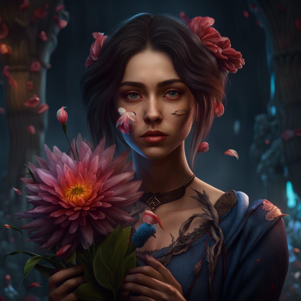Girl Holding Flower: Detailed Matte Painting