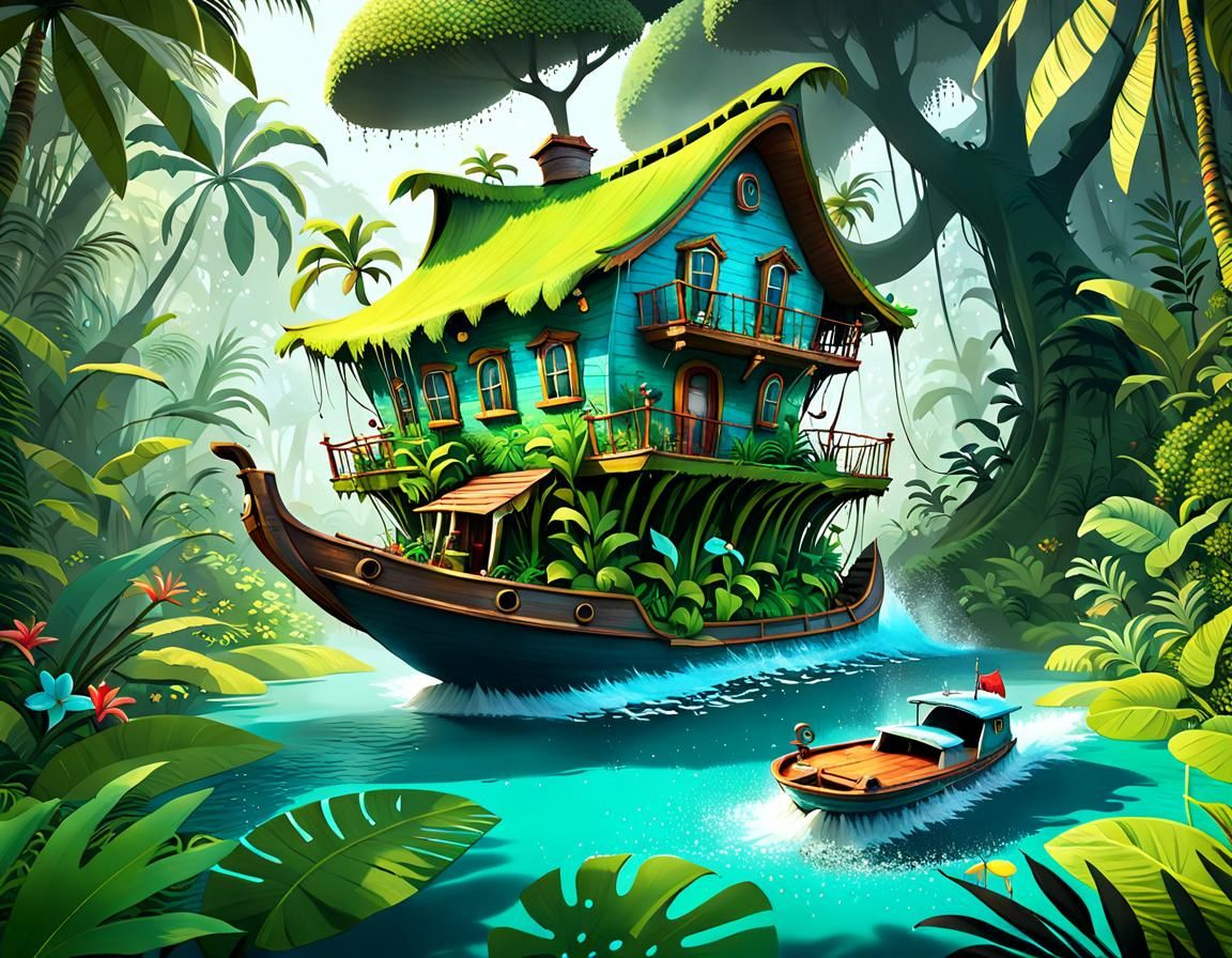 Whimsical Houseboat on Tropical Lagoon as Conceptual Art