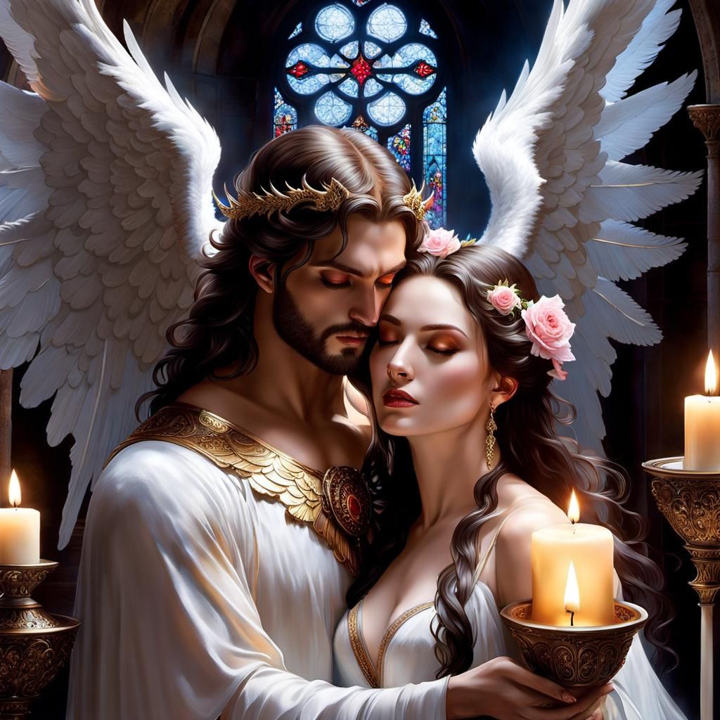 Angelic Demon Kiss in Ethereal Monastery Setting