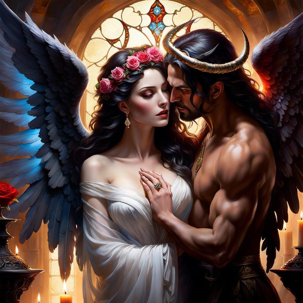 Angelic Demon Kiss in Ethereal Monastery Setting
