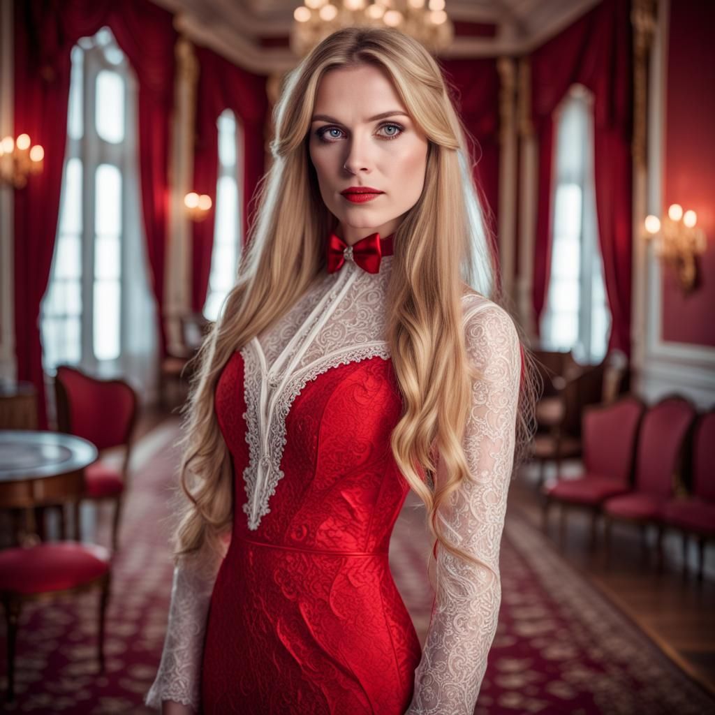 Victorian Ballroom Portrait of Woman in Red Dress