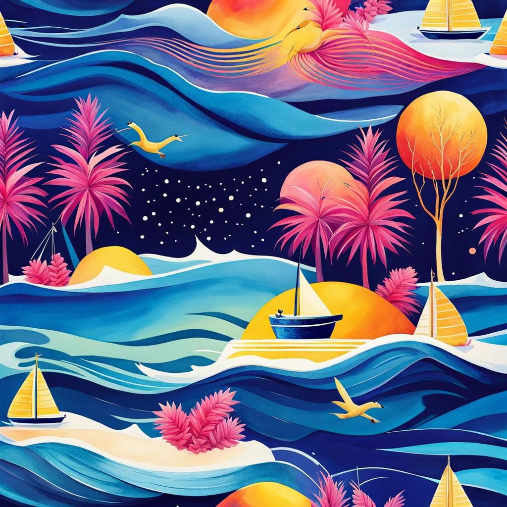 Sailing Boat and Geese in Watercolor Utopia