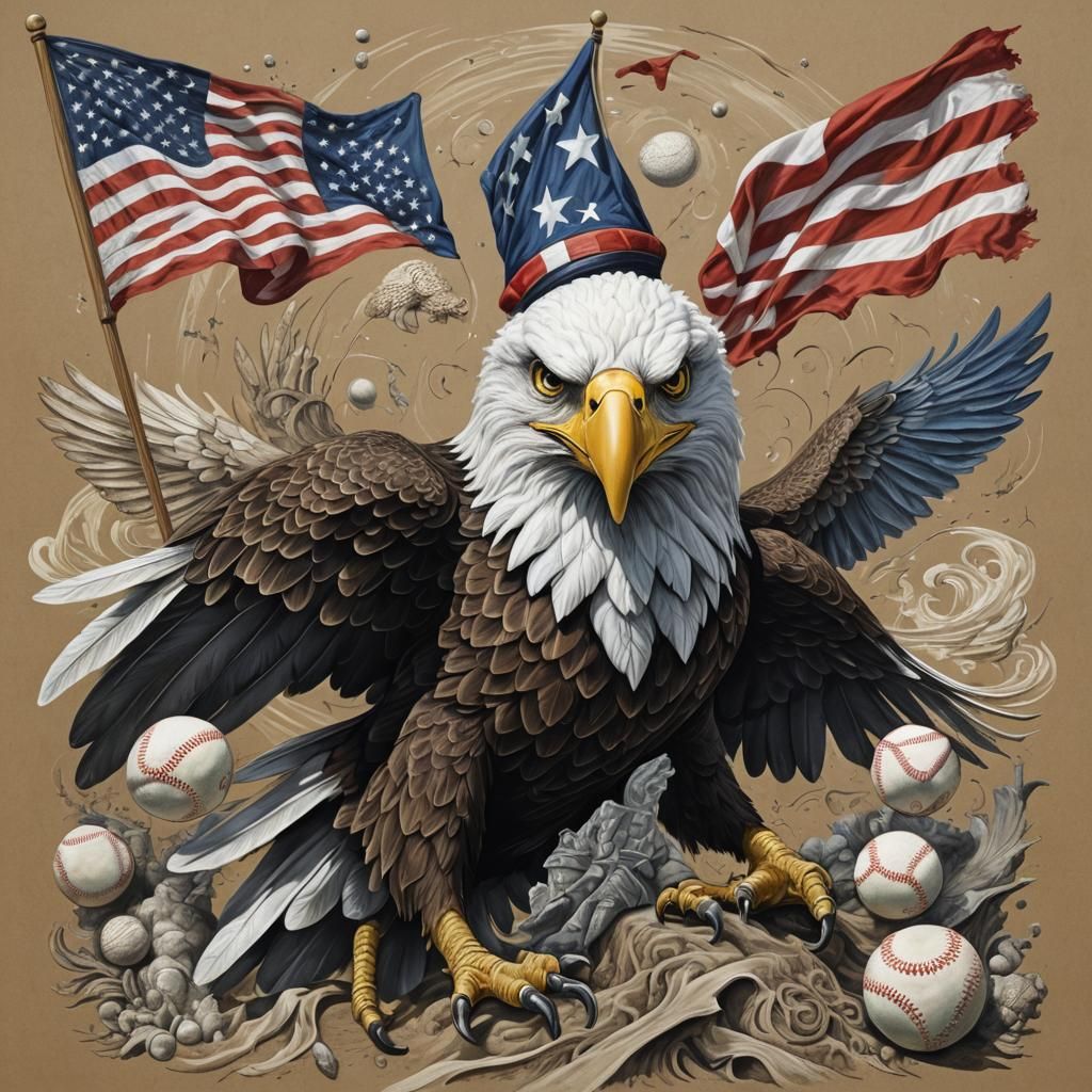 Anthropomorphic Eagle Chalk Art with Baseball