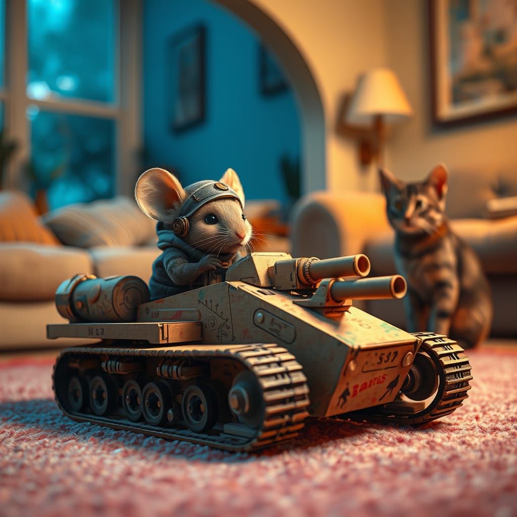 Mouse Drives Cardboard Tank: Hyperrealistic Digital Art