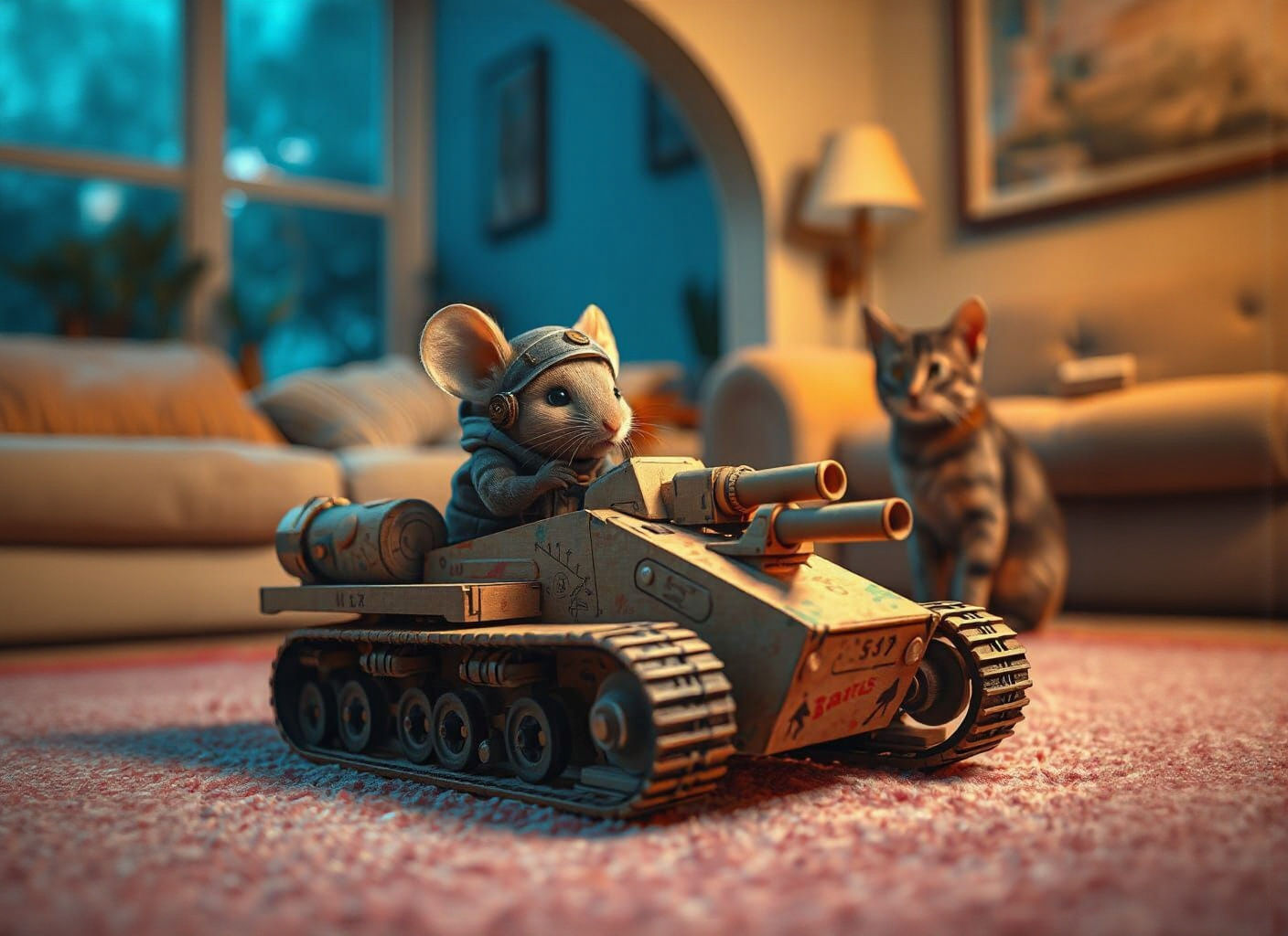 Mouse Drives Cardboard Tank in Living Room