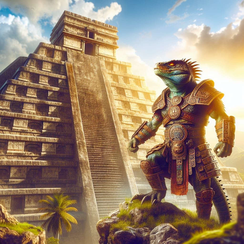 Mayan Lizard Warrior on Temple, Digital Matte Painting