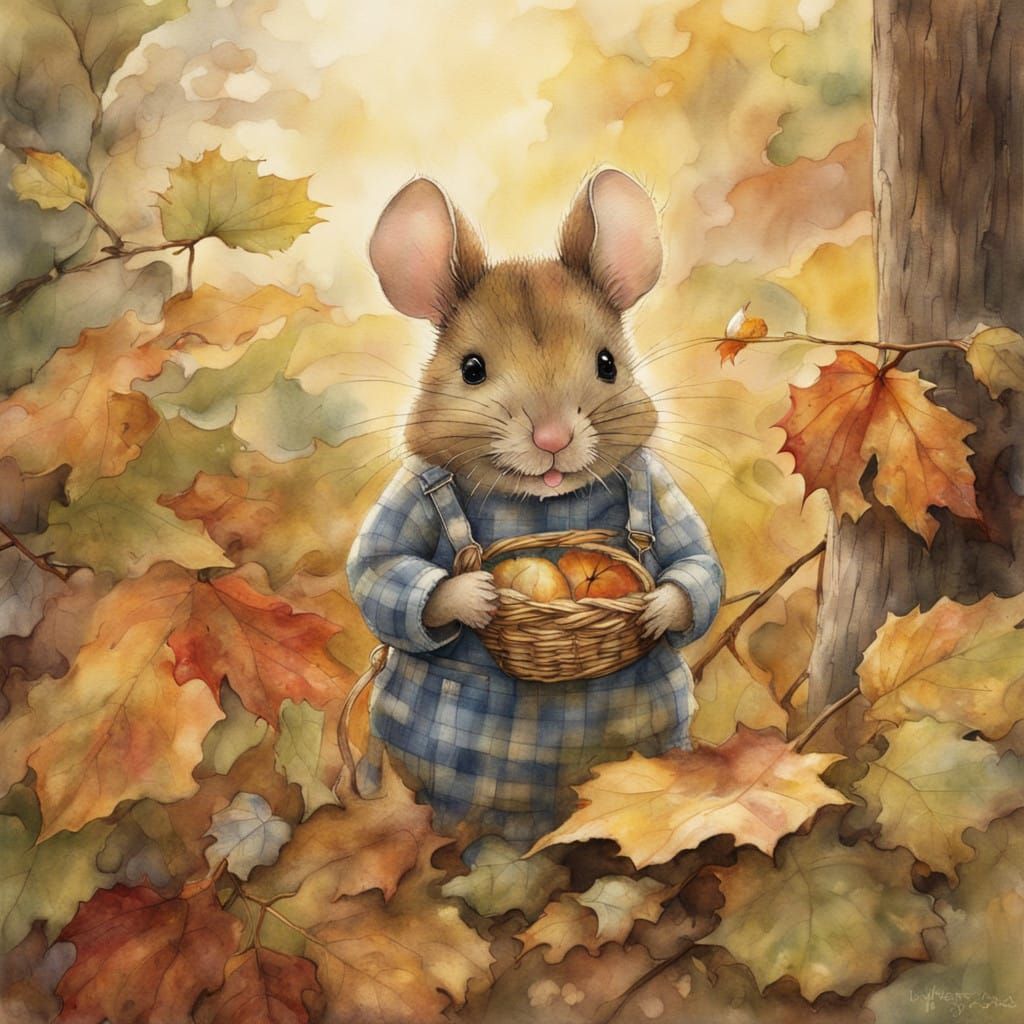 Chubby Mouse in Cozy Plaid Dungarees Amidst Vibrant Autumn F...