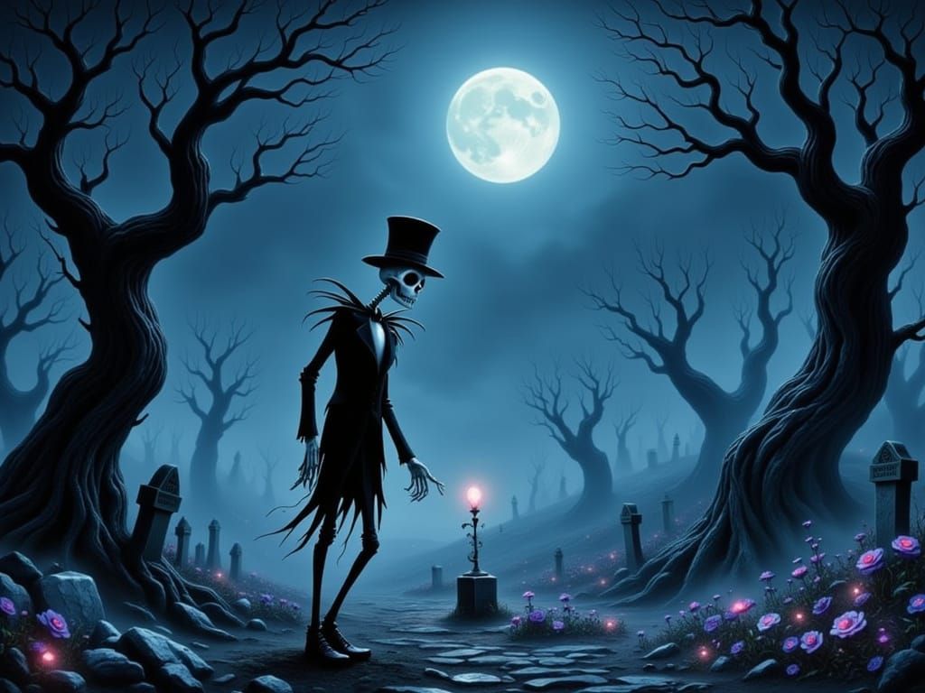 Gothic Skeletal Figure in Misty Garden, Tim Burton Style