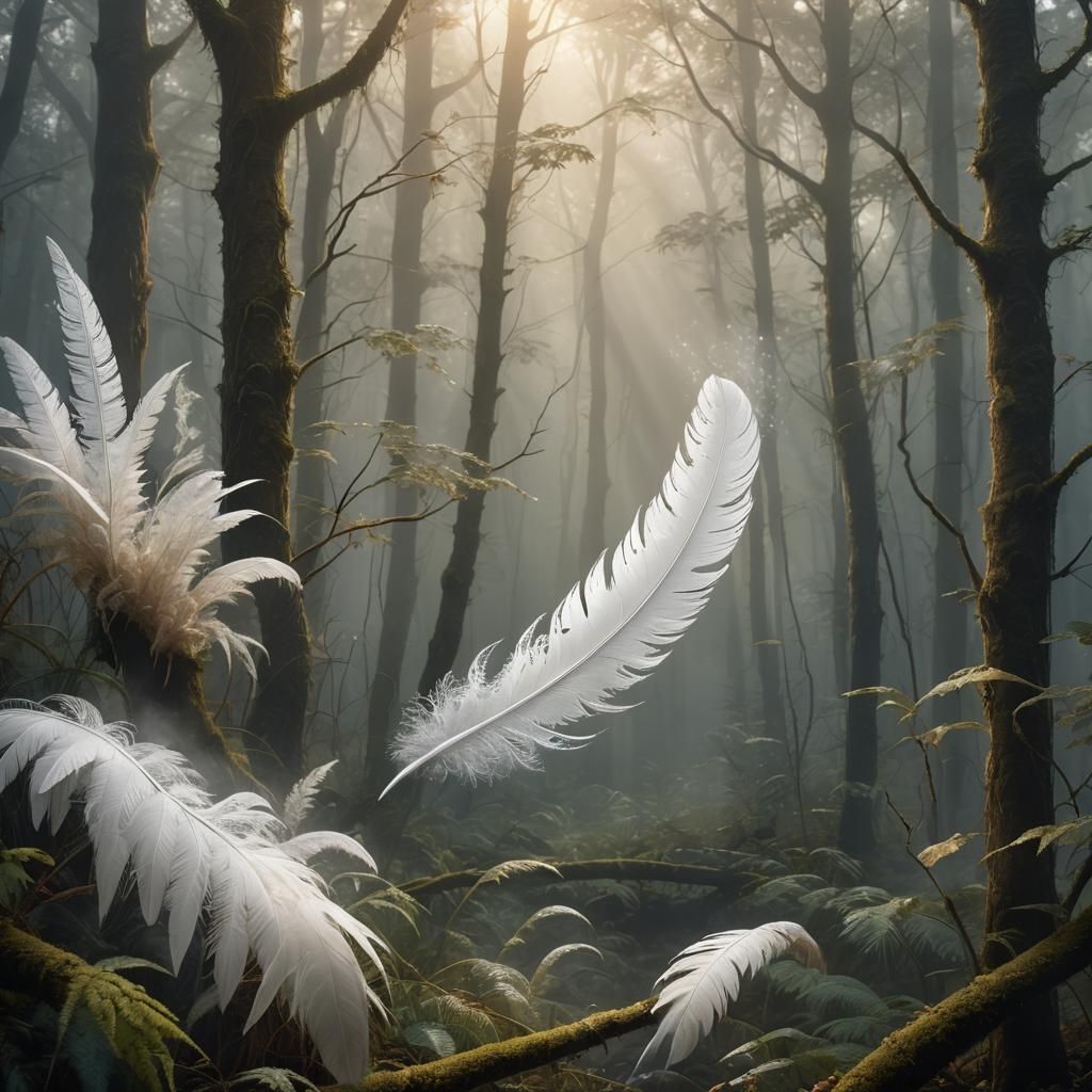 Lace Feather Descends in Misty Forest