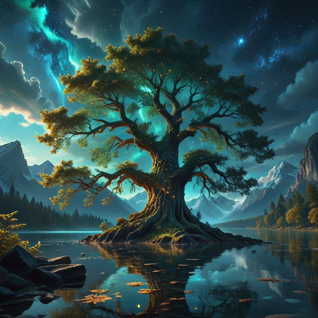 Cosmic Tree Reflected in Crystal Lake, Cinematic Digital Pai...