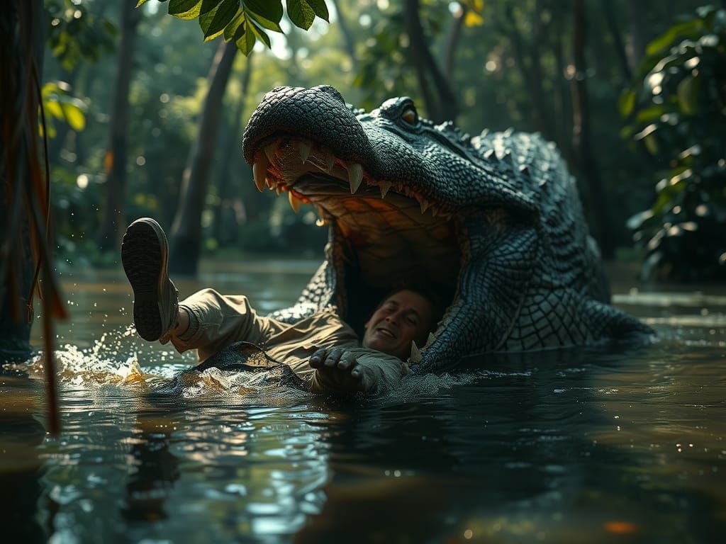 Crocodile Attack in Murky Swamp, Gothic Illustration Style