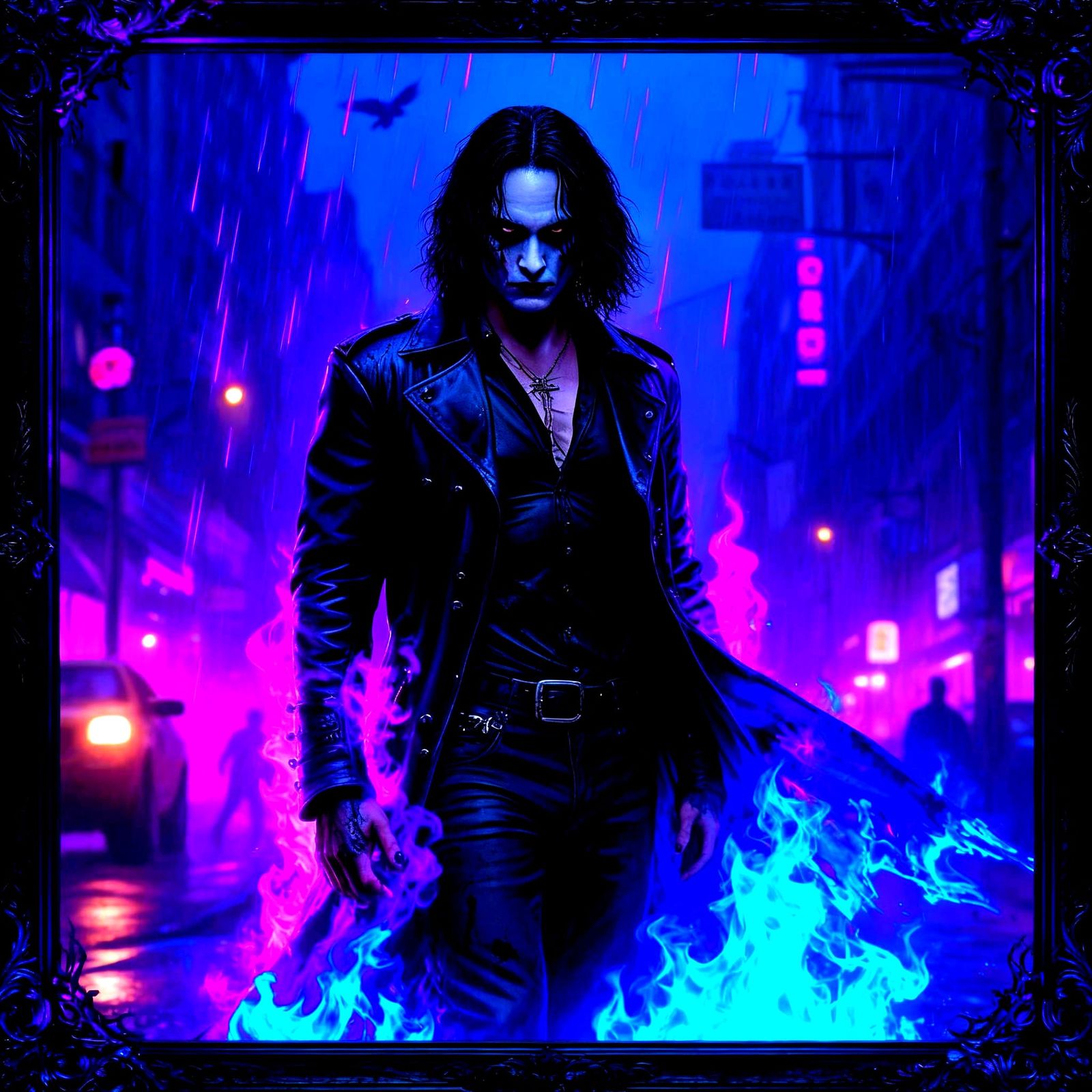 Gothic Masterpiece: The Crow's Neon Rain Storm