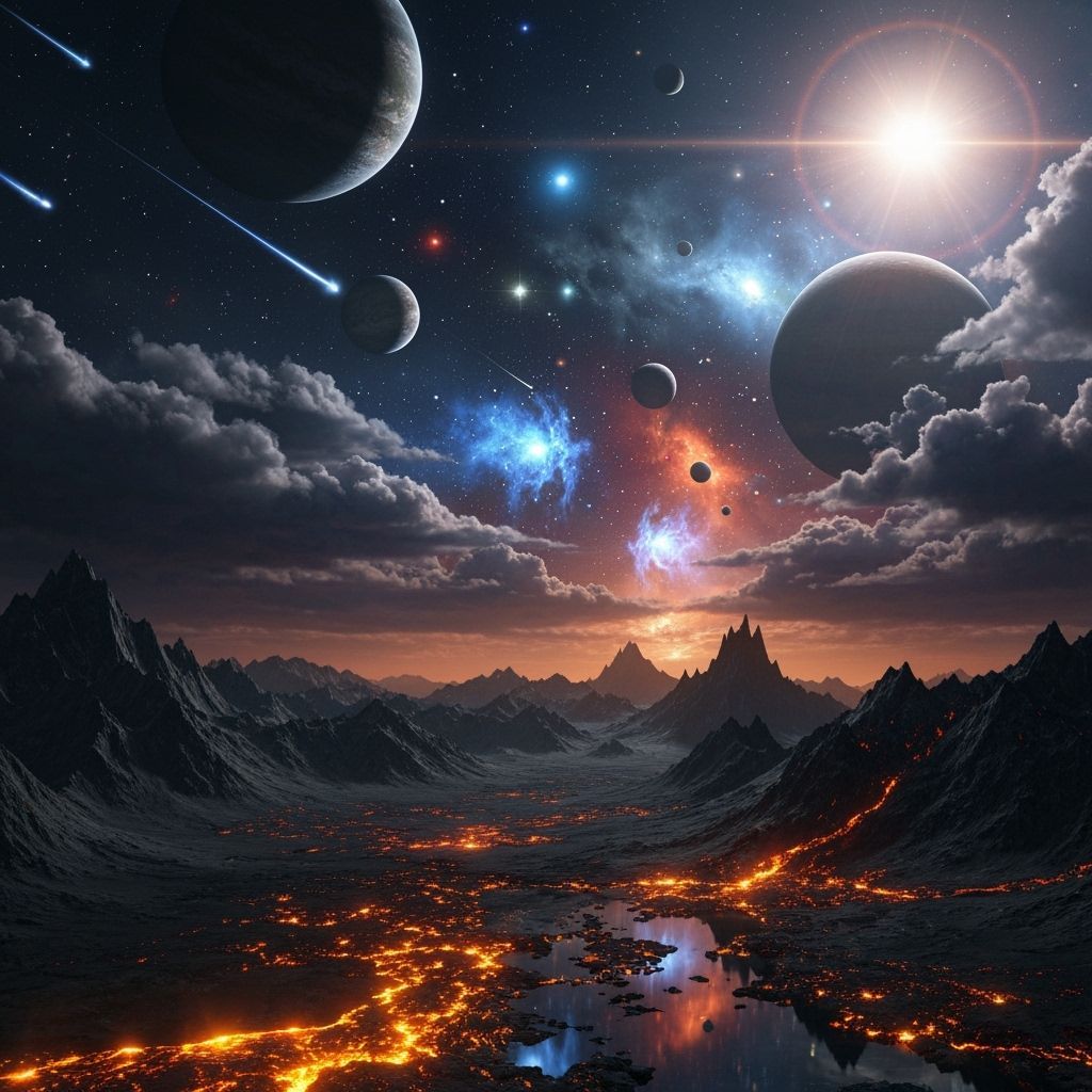 Fantastical Alien Night Landscape with Fiery Terrain