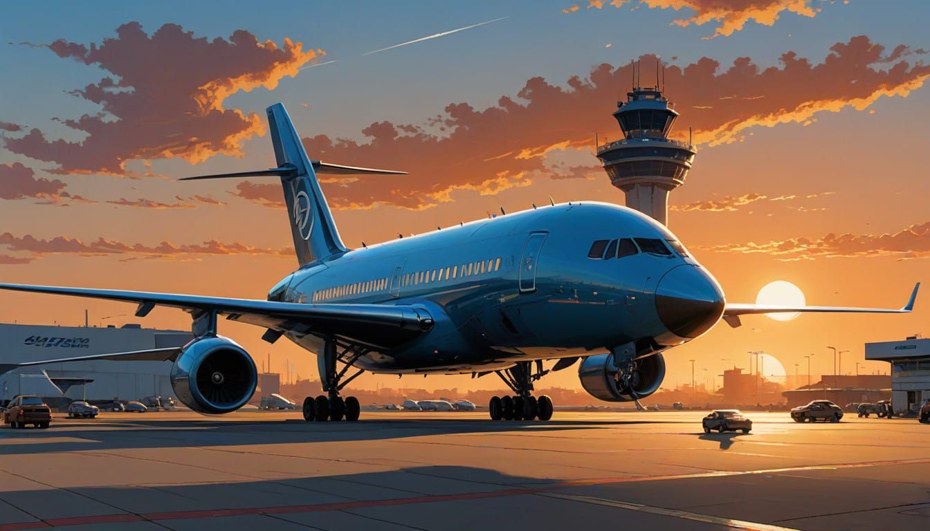 Futuristic Airport Landscape at Sunset