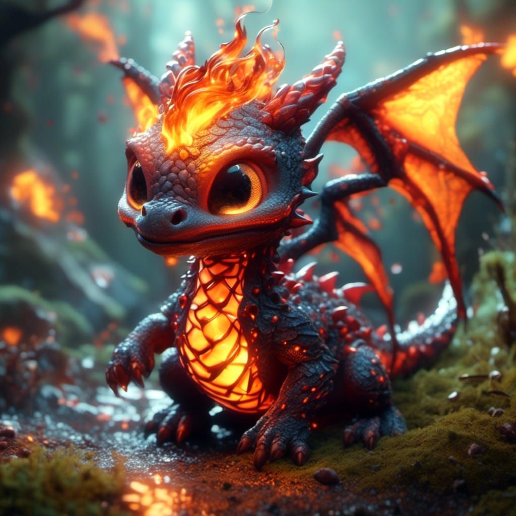 Cute Baby Dragon Breathing Fire, 3D Render