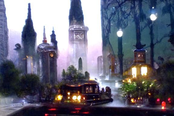 Misty 1920s City at Night in Art Deco Style