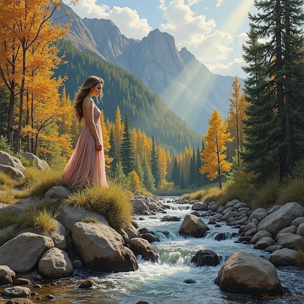 Fairy in Autumn Landscape as Impasto Painting