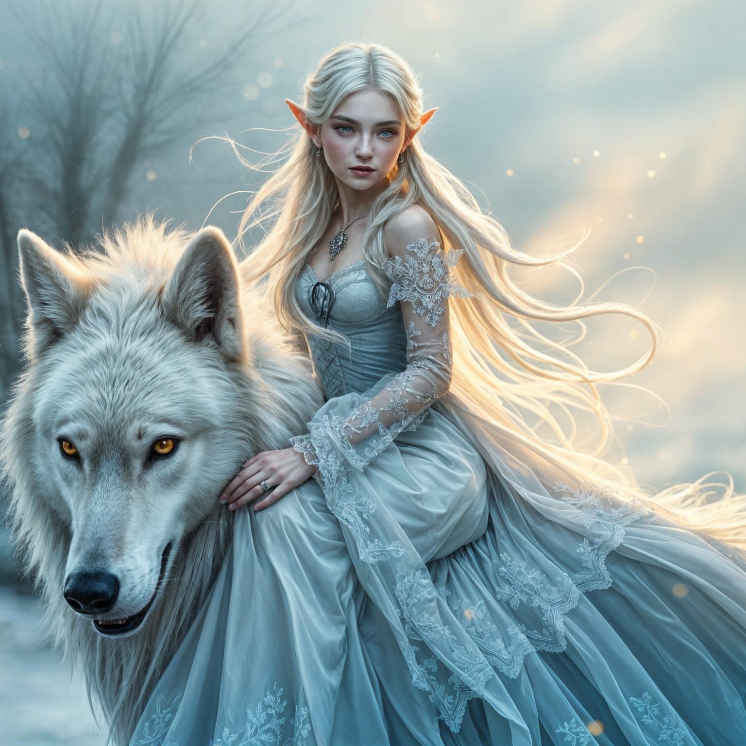 Elven Woman on Timberwolf in Digital Watercolor