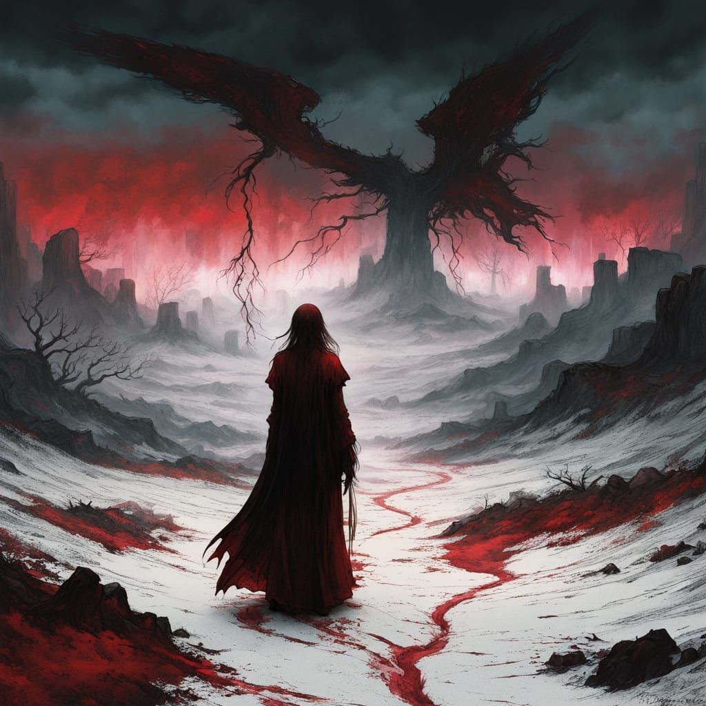 Melancholic Angel Weeping in Desolate Landscape