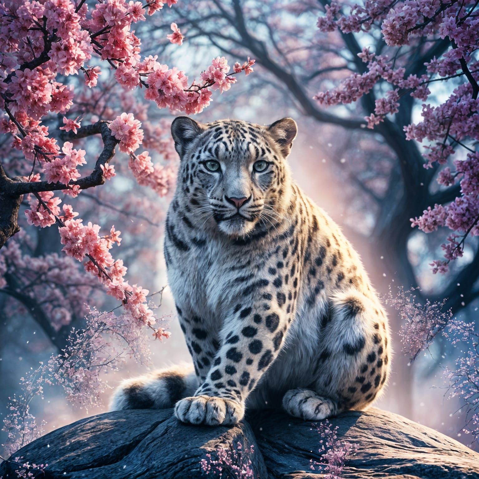 Snow Leopard in Cherry Blossom Landscape, Detailed Matte Pai...