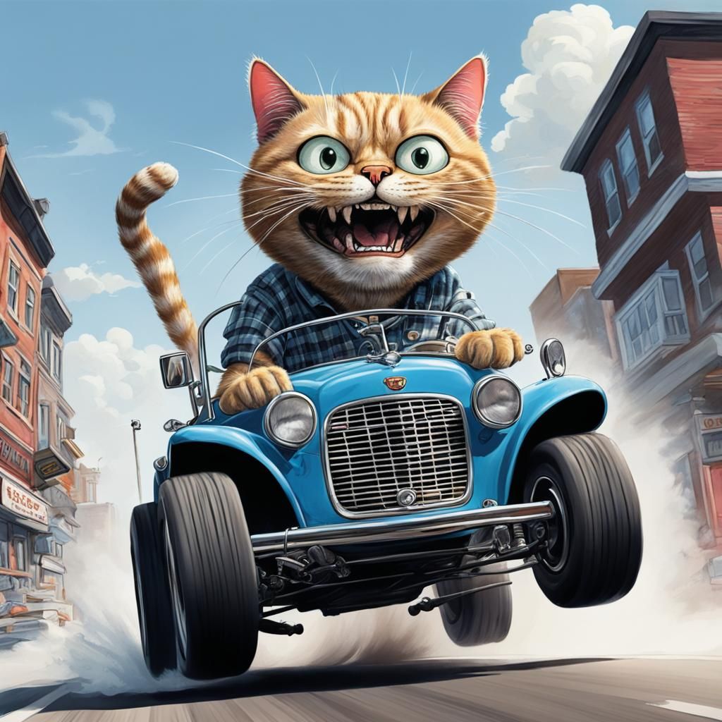 Cartoon Cat Drives Car in Hot Rod Style