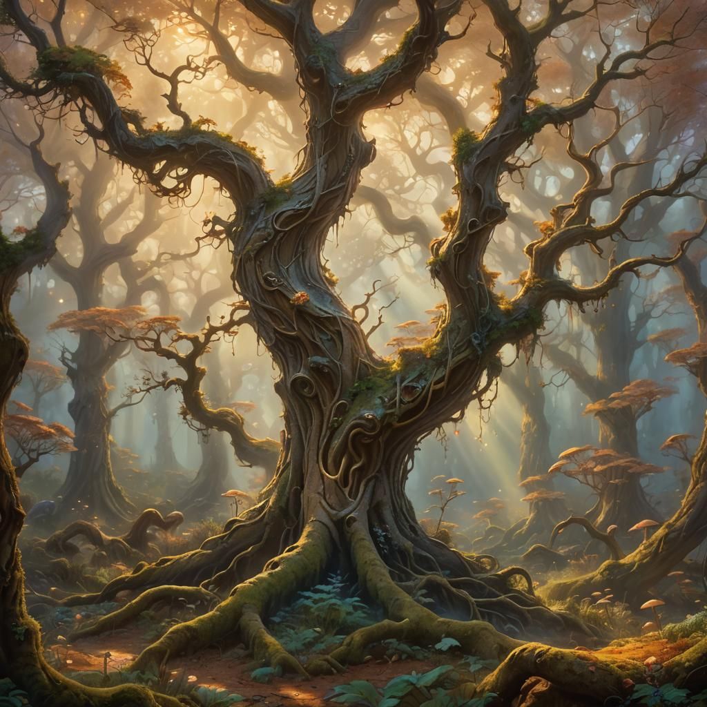 Mystical Forest with Ancient Tree in Golden Light