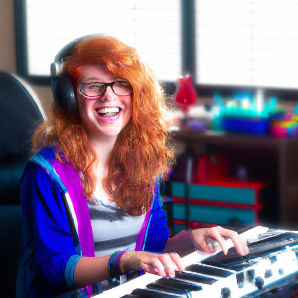 Redhead Girl's Joyful Synth Session