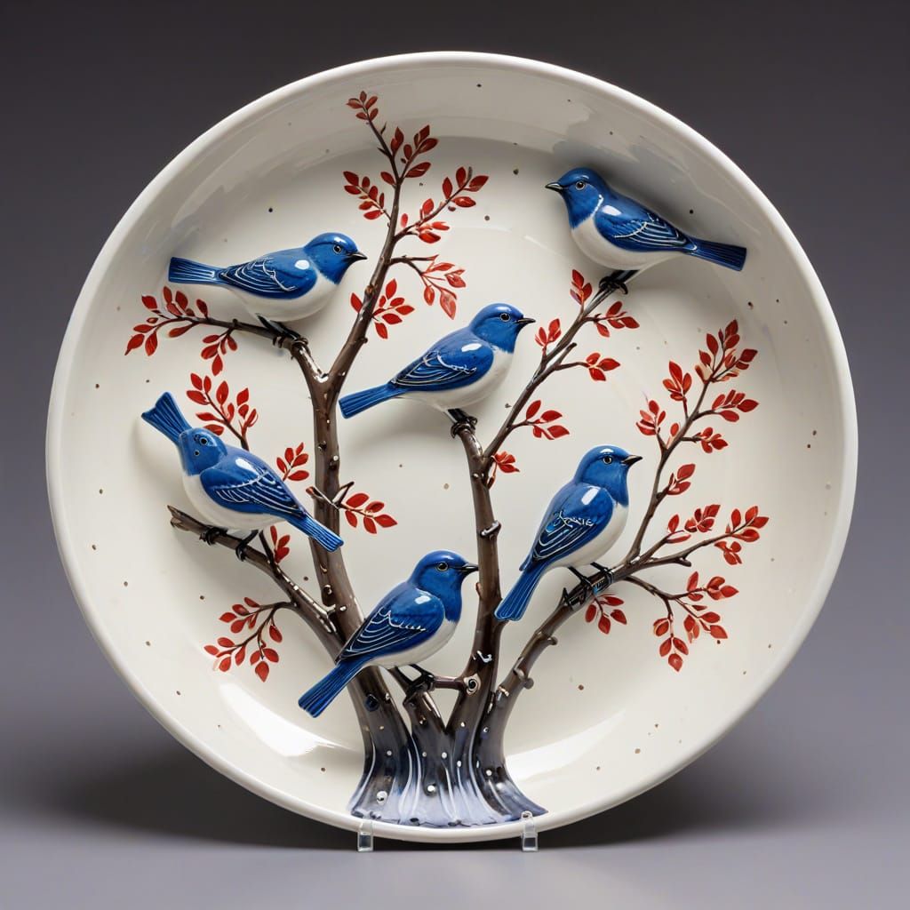 Handmade Polish Pottery with Bird and Branch Design
