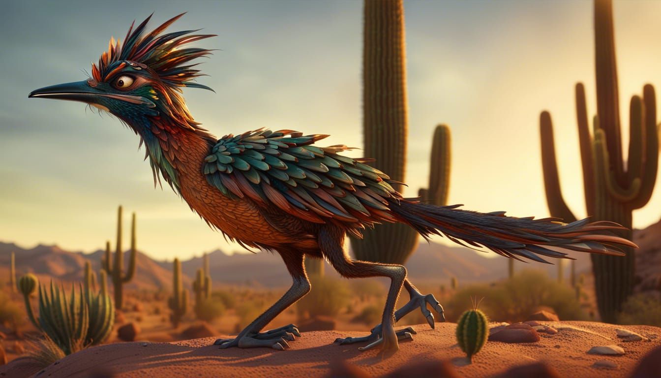 Roadrunner in Desert Sunset, Chuck Jones Style
