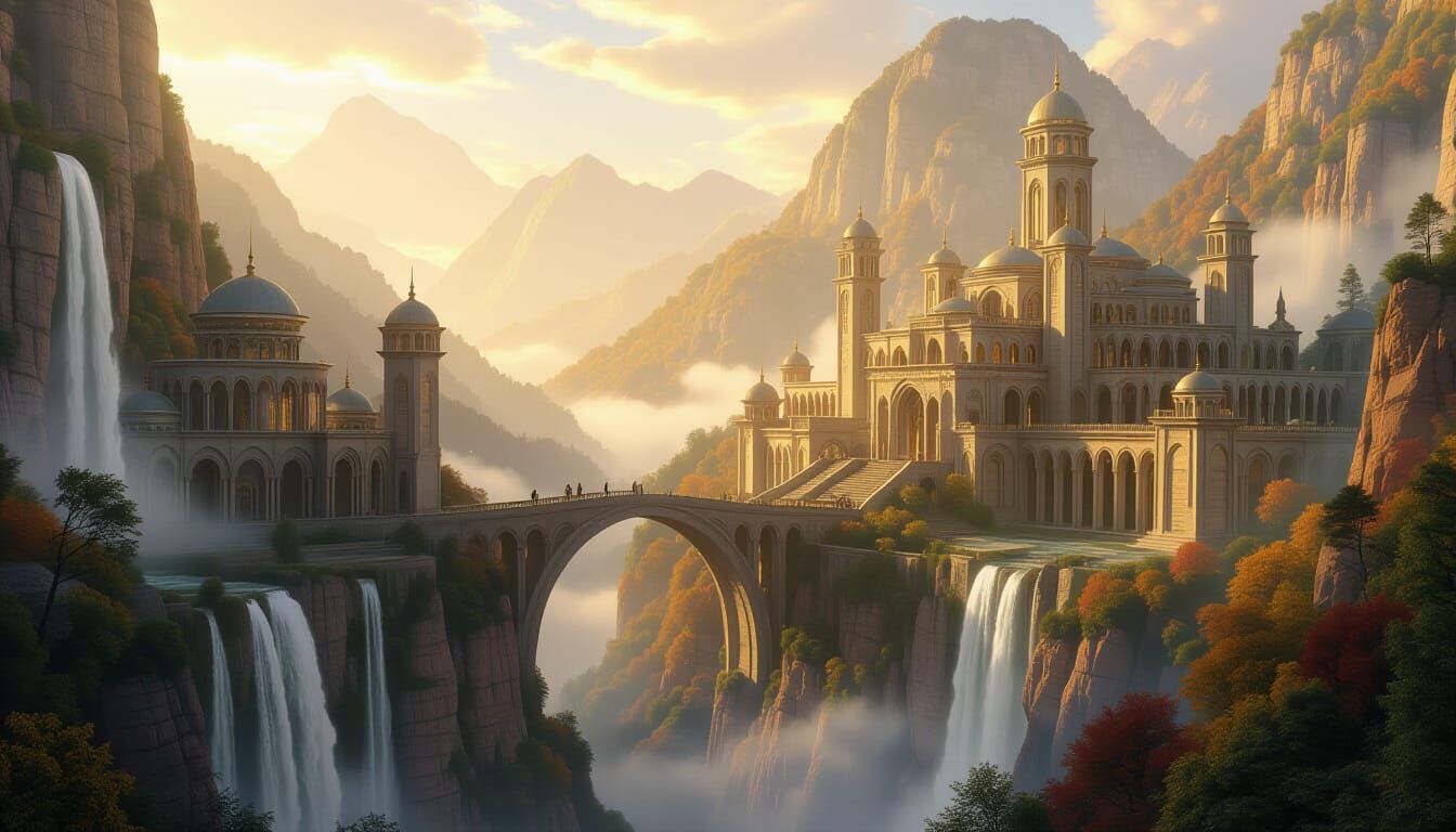 Elven City in Forested Valley with Cascading Waterfalls