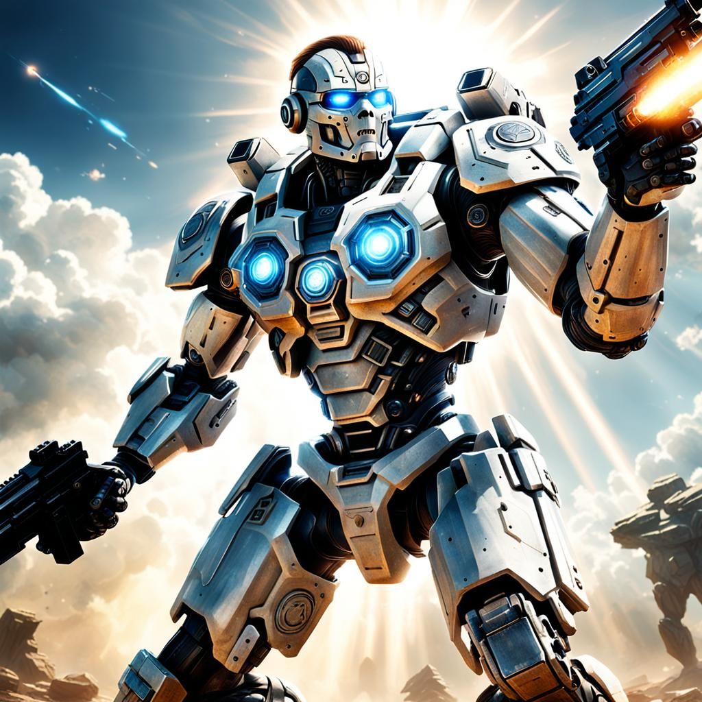 Cyborg Shooting Goliath with Blaster in Divine Light