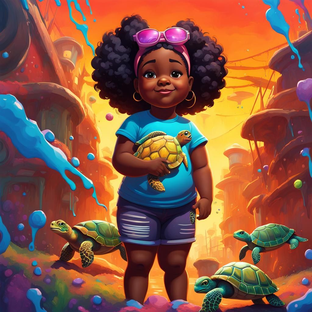 Girl Visits Sea Turtle Center in Graffiti Art Style